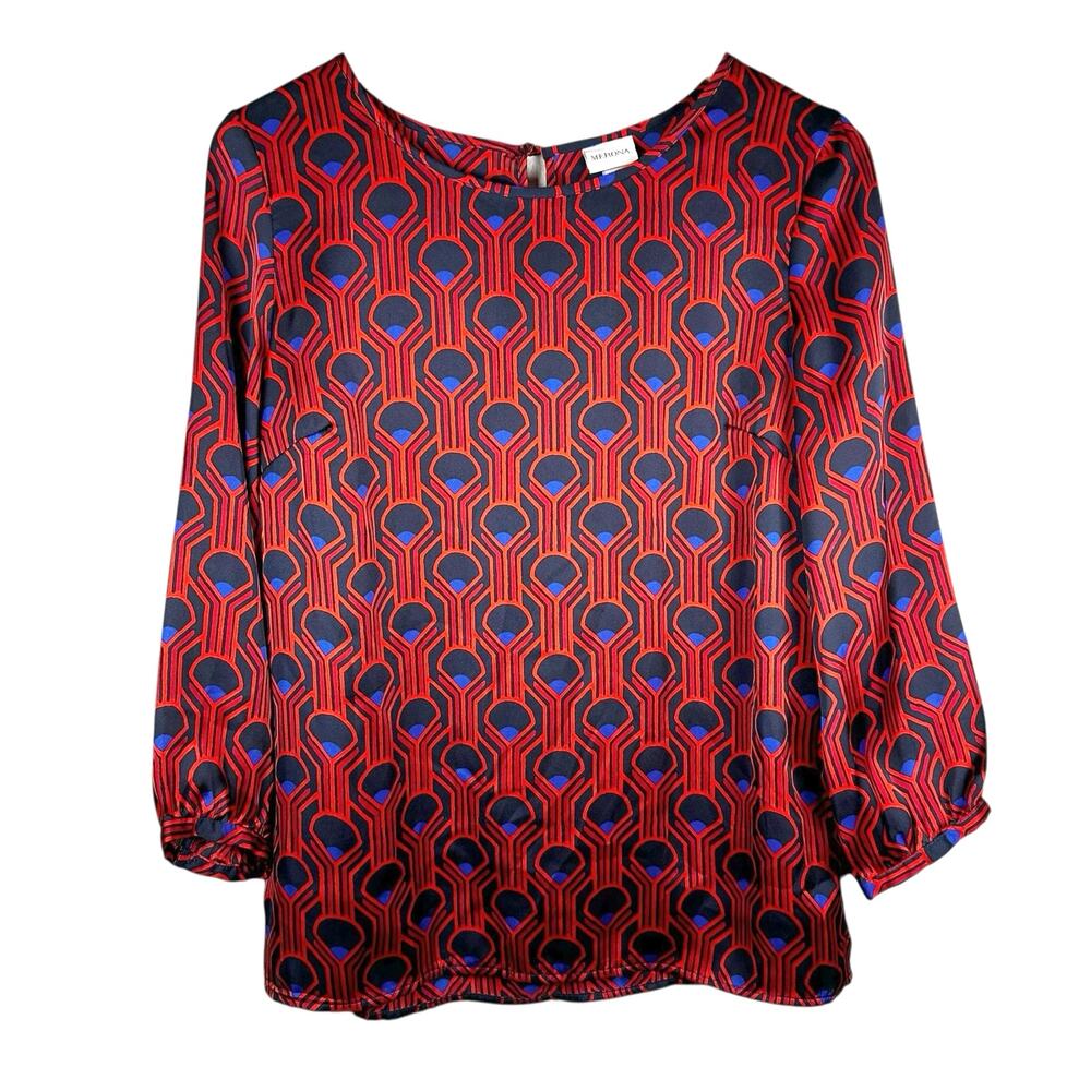 Merona Womens Geometric Art Deco Blouse Satin Red Blue Medium Mod Career Work